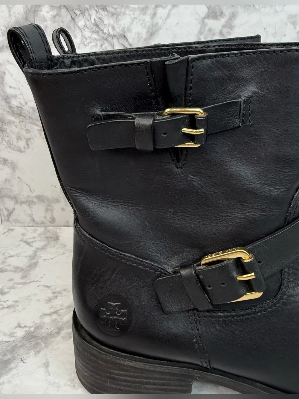 TORY BURCH Bennie Black Leather Buckled Ankle Biker Riding Boots Women’s Sz 8.5